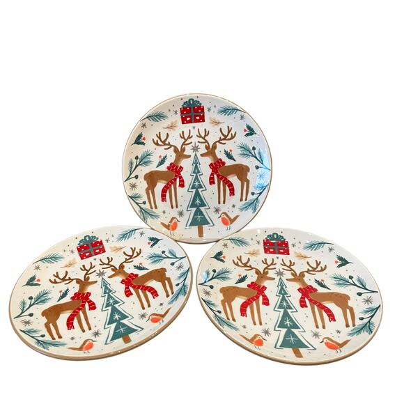 Prima Design WOODLAND CHRISTMAS DEER Ceramic Salad Plate 8.5in Set of 3 New - Picture 11 of 11